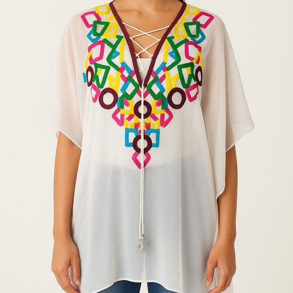 Monique Leshman White Embroidered 100% Silk Sheer Blouse Tunic Top Size Small - Picture 1 of 7